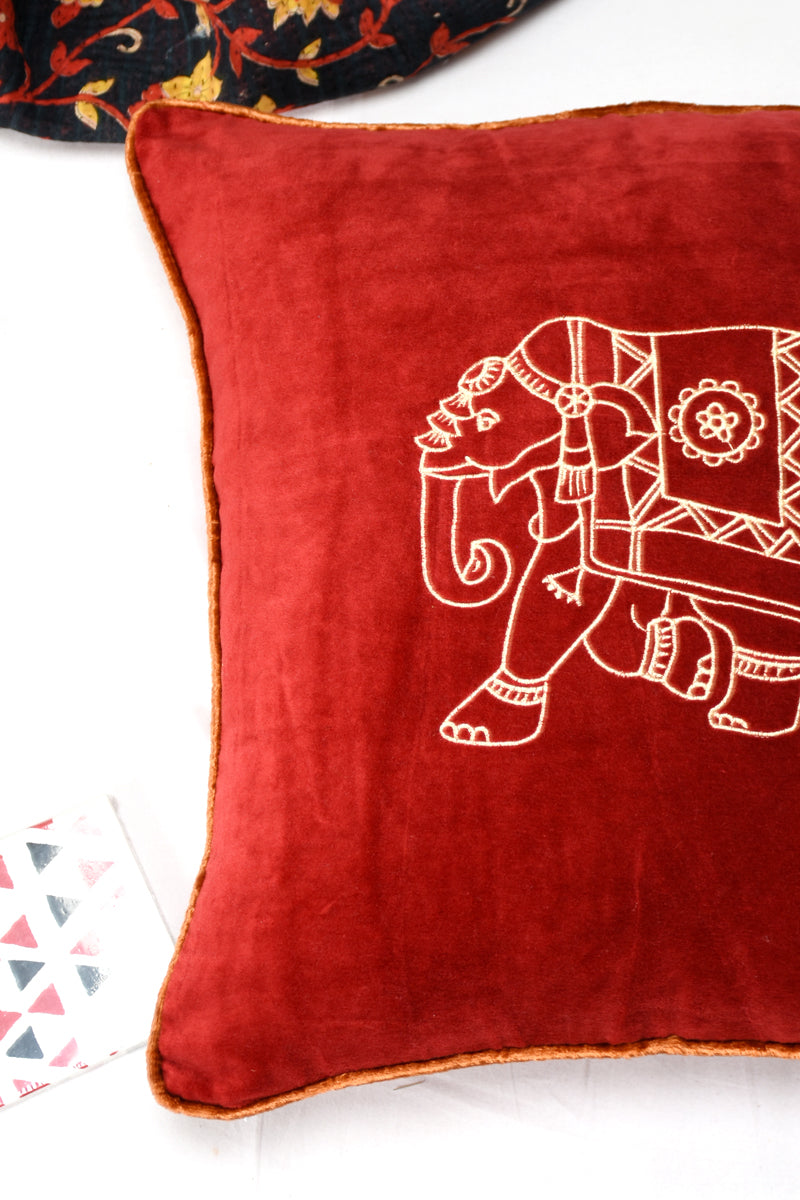 Royal Elephant – Embroidered Velvet Cushion Cover | 16" x 16"